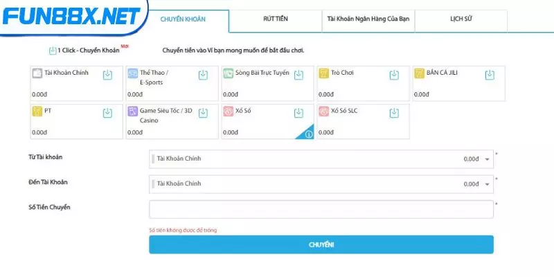 Bước 1: Chuyển quỹ Fun88 về tài khoản chính