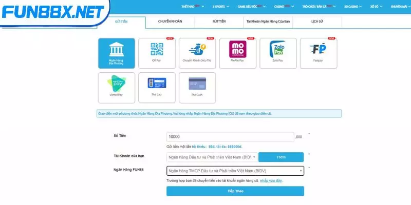 Nạp tiền Fun88 qua ngân hàng địa phương